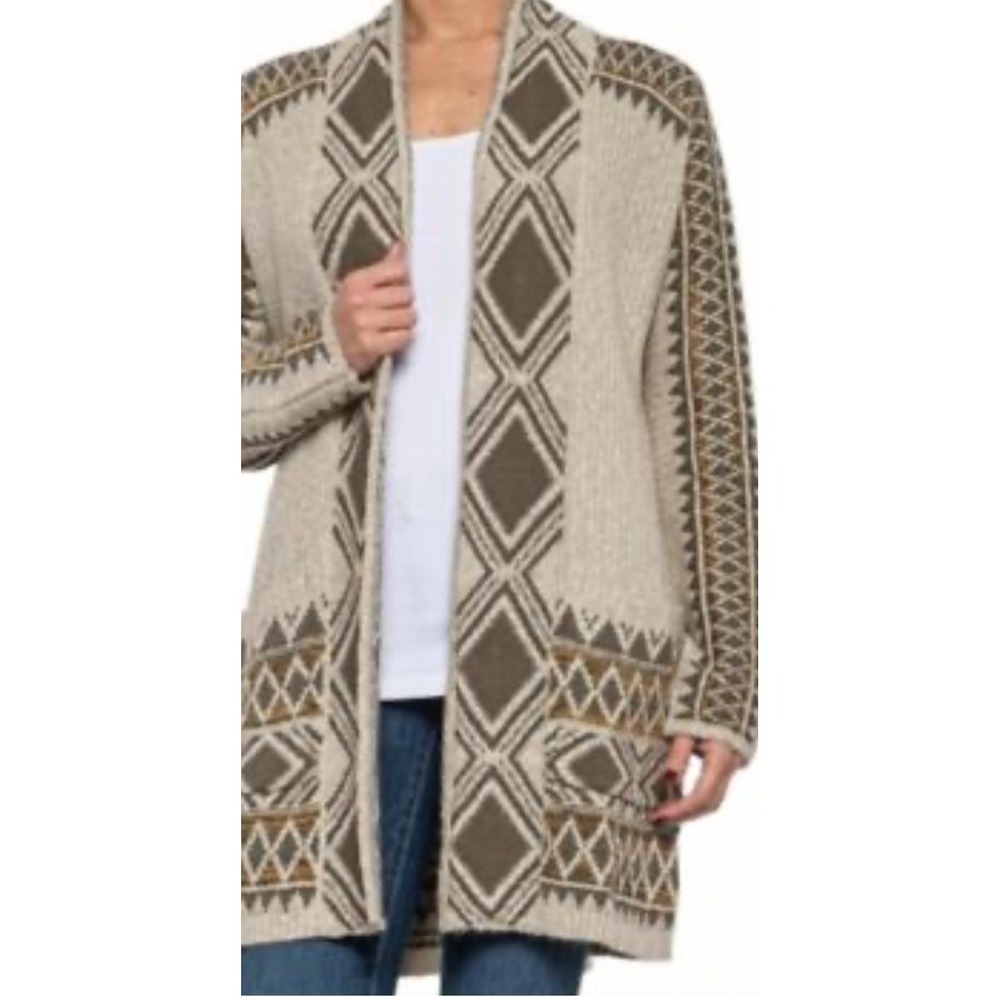Size Large LUCKY BRAND Sweater LONG sleeved Tribal Taupe Olive‎ Cardigan NWT